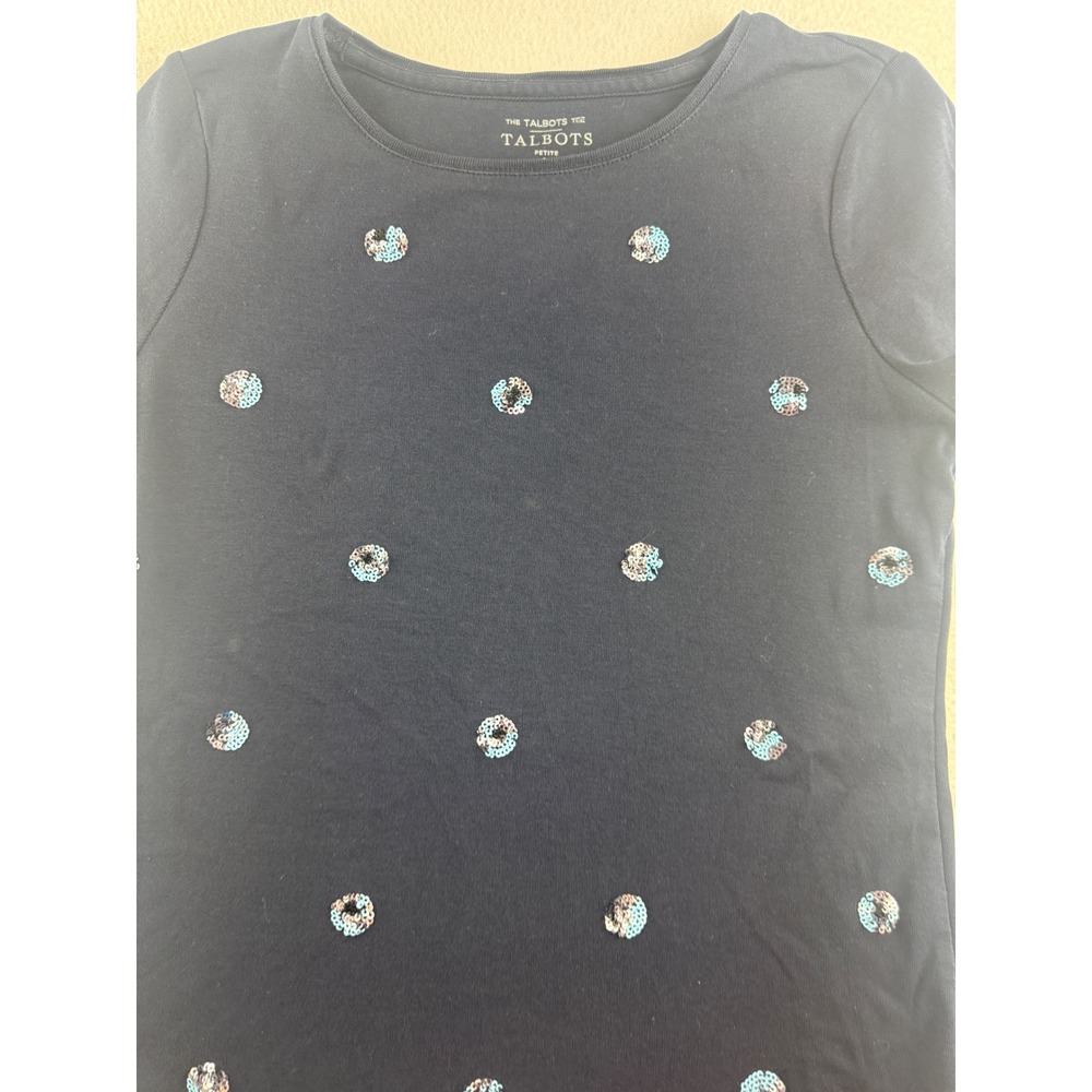 Talbots Petite Navy Blue Sequin Polka Dot Cotton Short Sleeve Tee Shirt SP - Picture 2 of 6